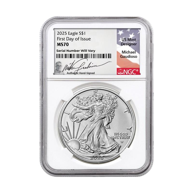 2025 Silver Eagle – Michael Gaudioso Signature Label – NGC MS70 FDI - CoinsTV