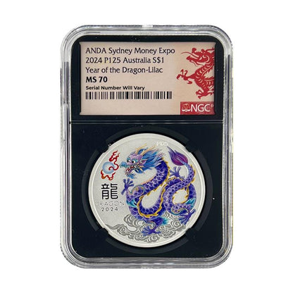 2024 Australia Lunar Lilac Dragon NGC MS70 ANDA Sydney Expo Label - CoinsTV