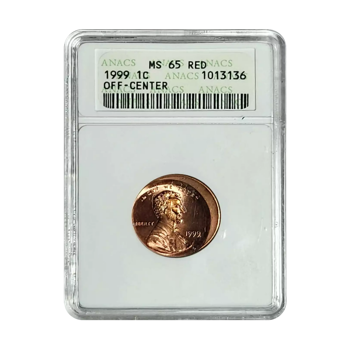 1999 Small Cents Lincoln Memorial Reverse - ANACS MS65 RED Off Center Error - CoinsTV