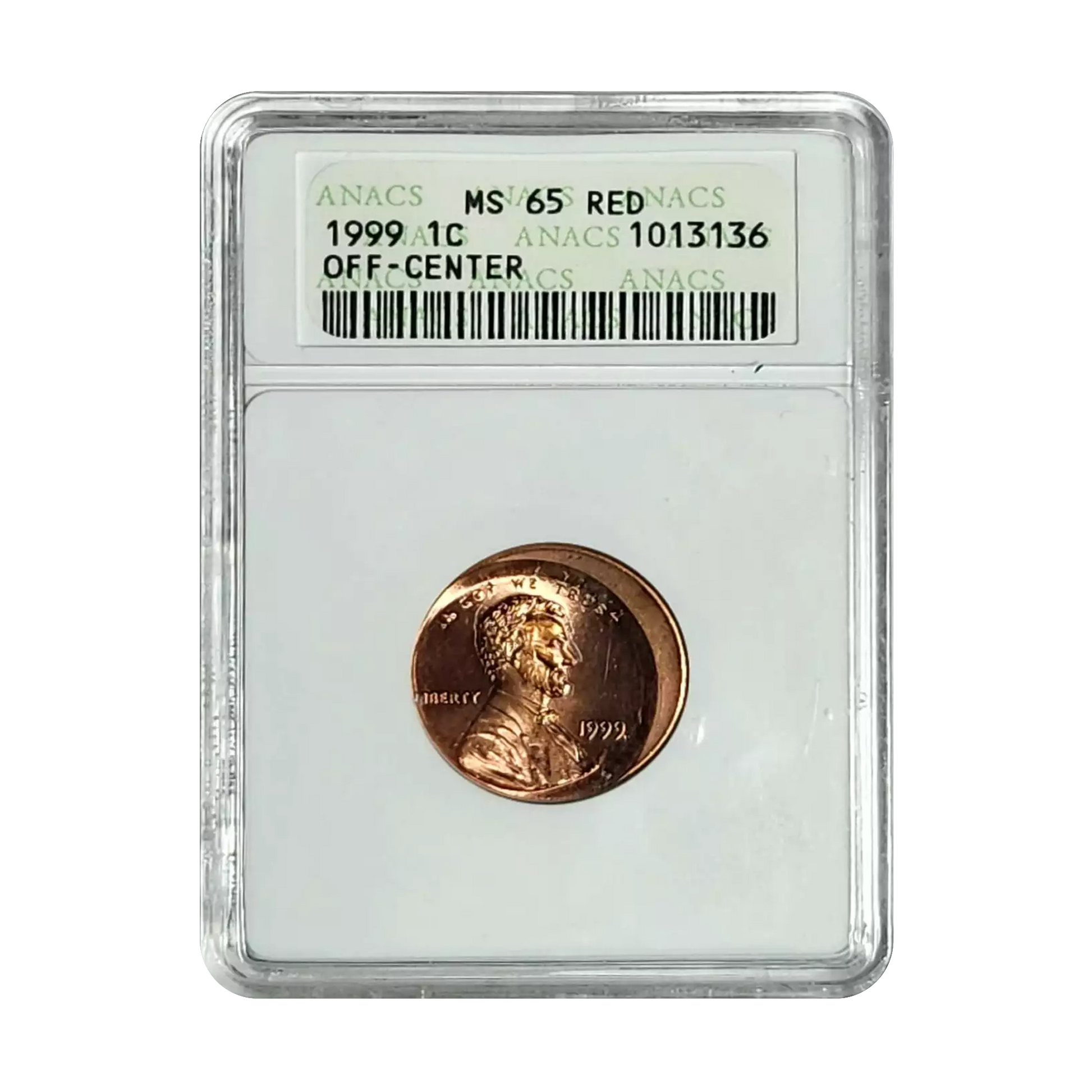 1999 Small Cents Lincoln Memorial Reverse - ANACS MS65 RED Off Center Error - CoinsTV