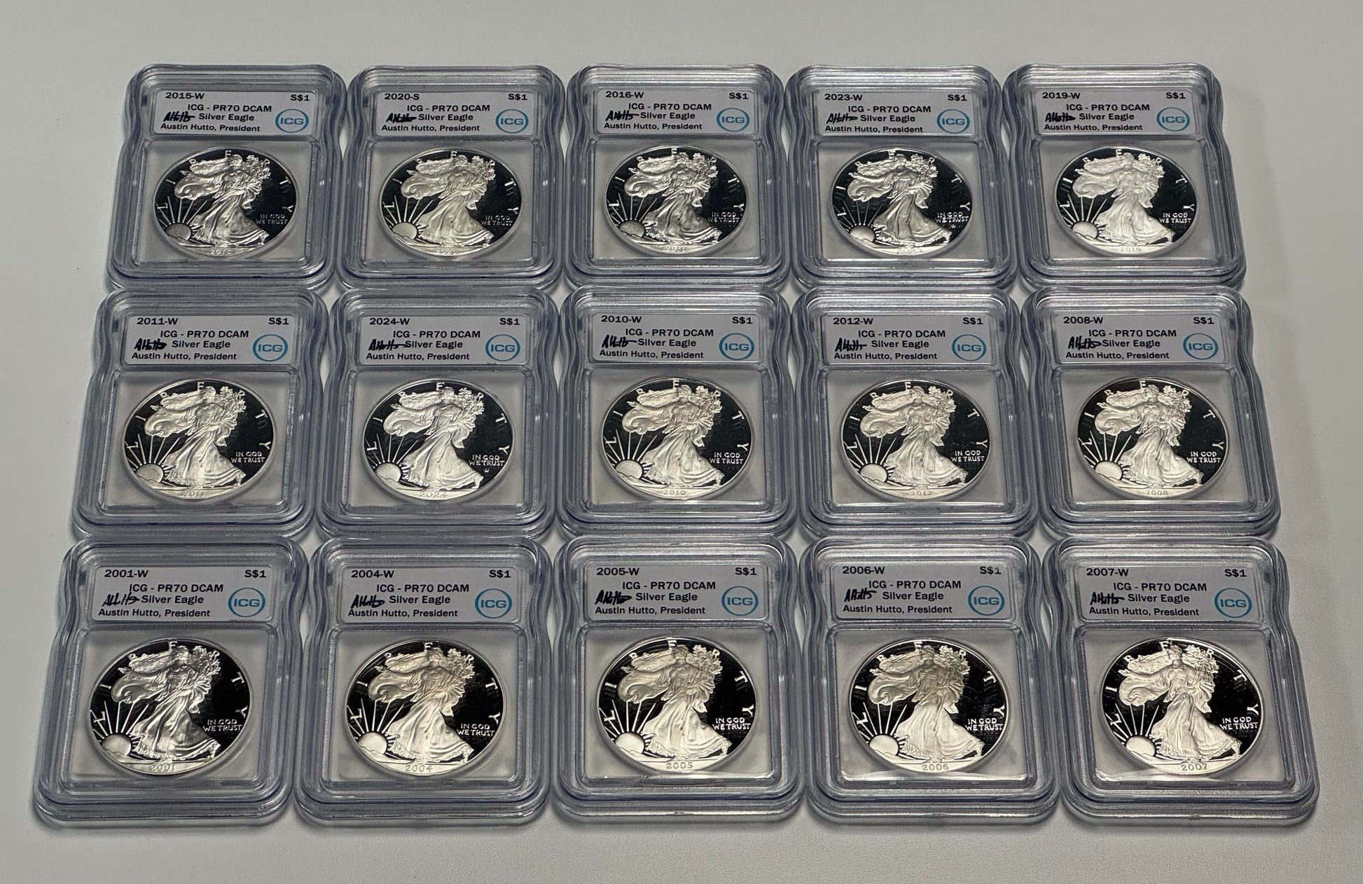 Silver Eagle - ICG PR70 DCAM - Austin Hutto Signature Label Grab Bag - CoinsTV