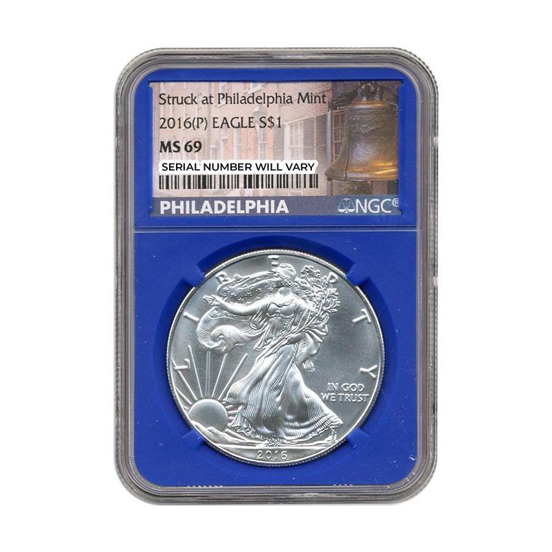 2016 (P) Silver Eagle Philadelphia - NGC MS69 Blue Core Liberty Bell Label