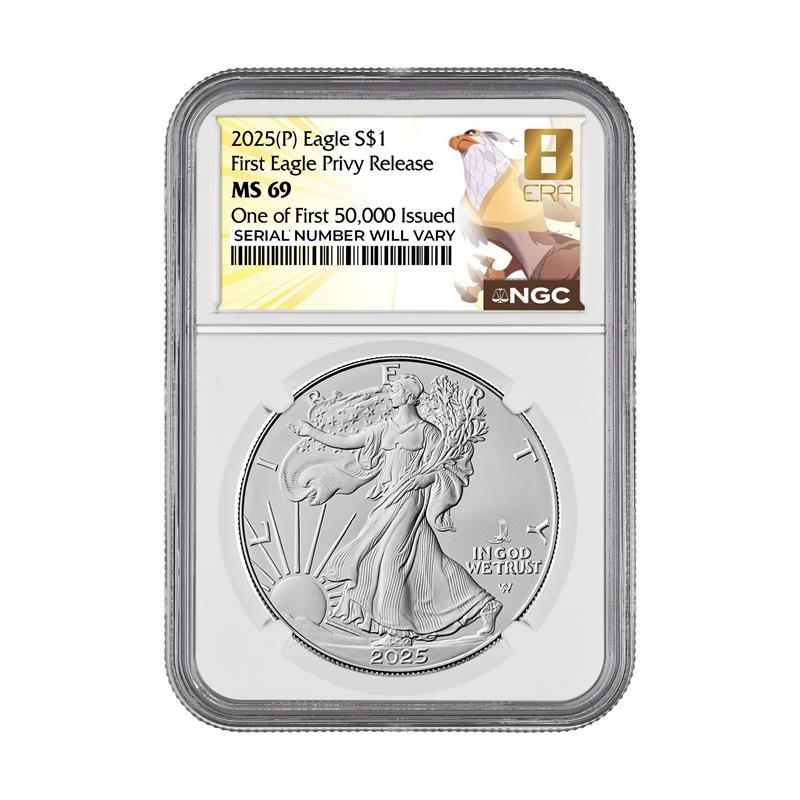 2025 (P) Silver Eagle - First 50,000 Issued - NGC MS69 First Eagle Privy Release 8 Era Label