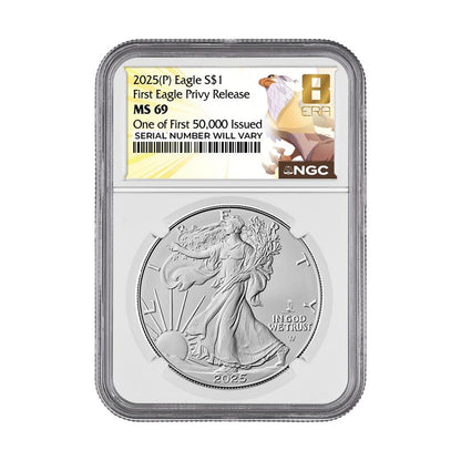 2025 (P) Silver Eagle - First 50,000 Issued - NGC MS69 First Eagle Privy Release 8 Era Label
