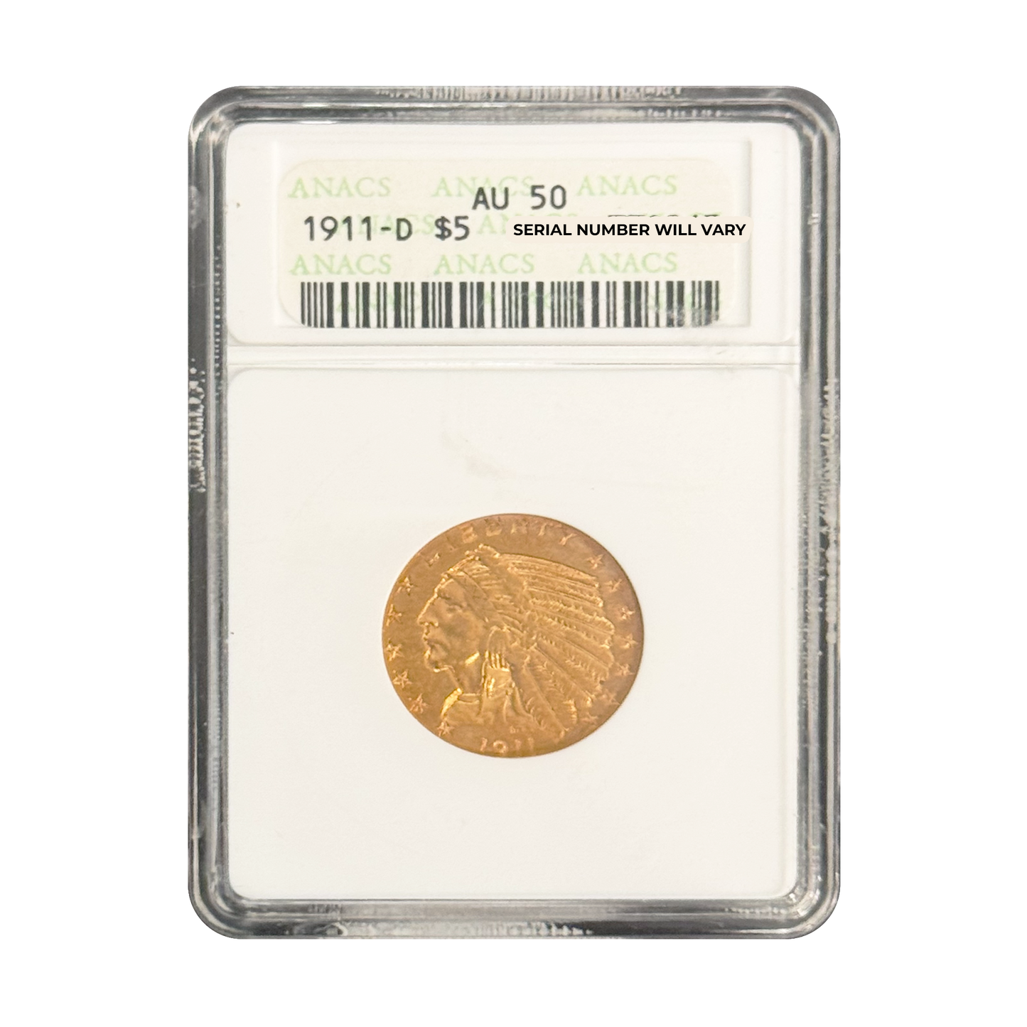 1911-D $5 Indian Gold Half Eagle - ANACS AU50 - CoinsTV
