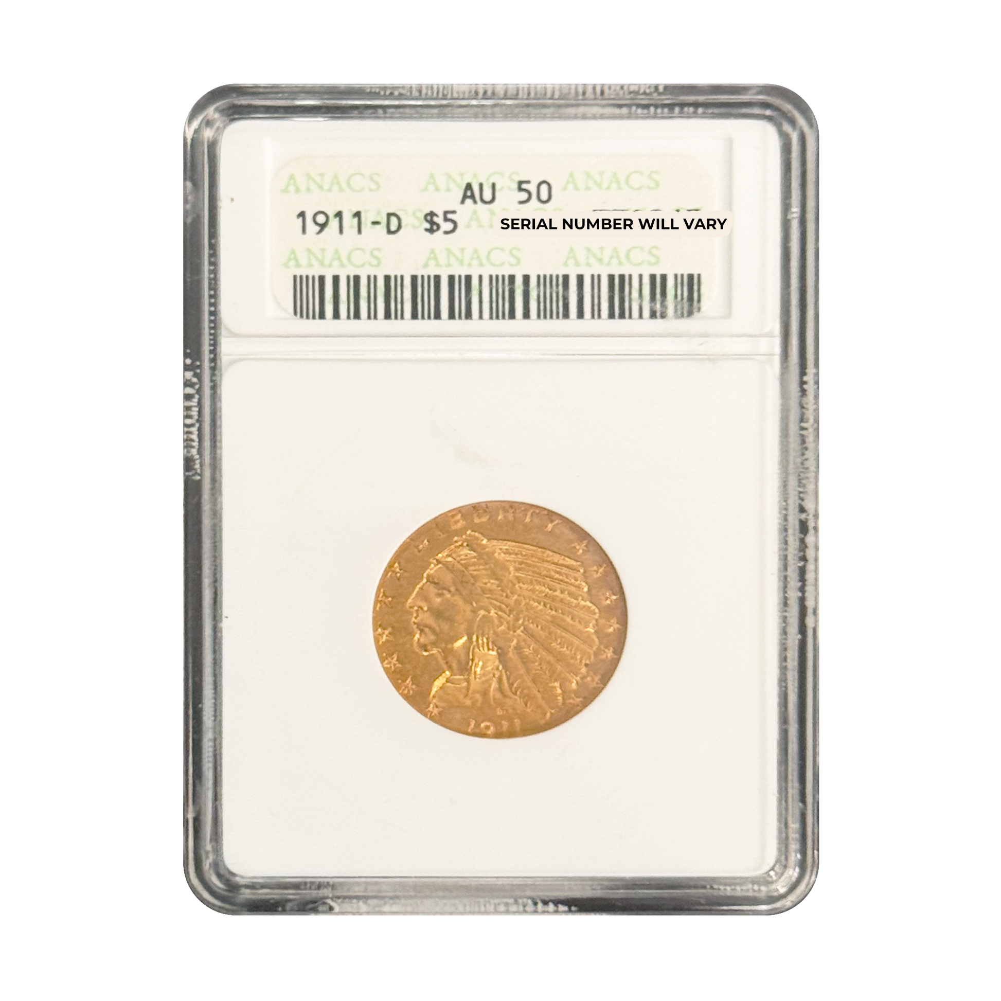1911-D $5 Indian Gold Half Eagle - ANACS AU50 - CoinsTV