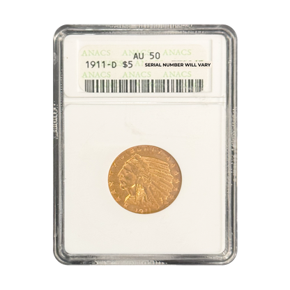 1911-D $5 Indian Gold Half Eagle - ANACS AU50 - CoinsTV