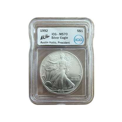 1992 Silver Eagle - Austin Hutto Signature - ICG MS70 - CoinsTV