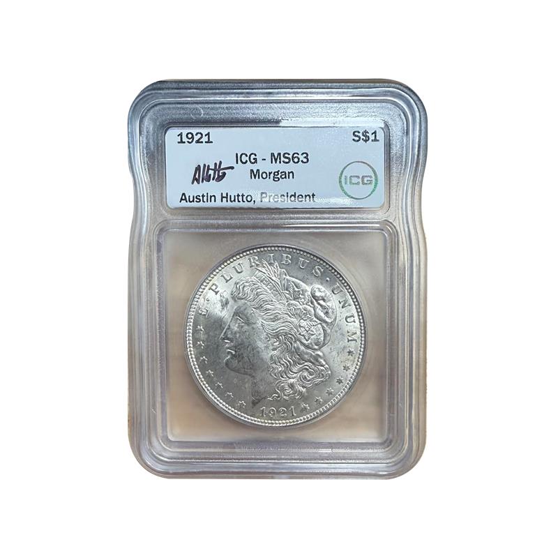 1921 Morgan Silver Dollar Philadelphia - Austin Hutto Signature - ICG MS63