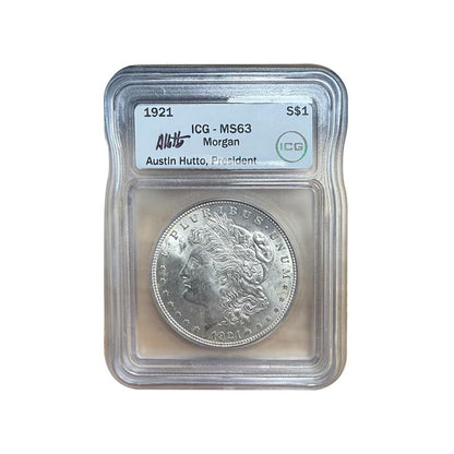 1921 Morgan Silver Dollar Philadelphia - Austin Hutto Signature - ICG MS63