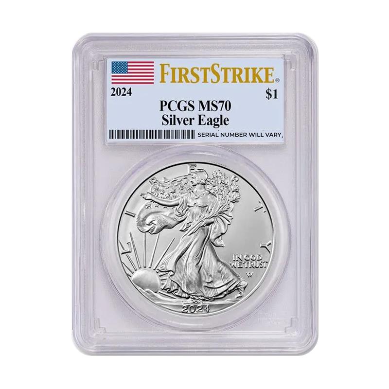 2024 Silver Eagle - First Strike Flag Label - PCGS MS70 - CoinsTV