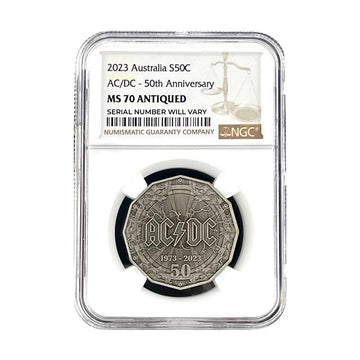 2023 Australia AC/DC 50th Ann. Antiqued 18.24g Silver Coin - NGC MS 70