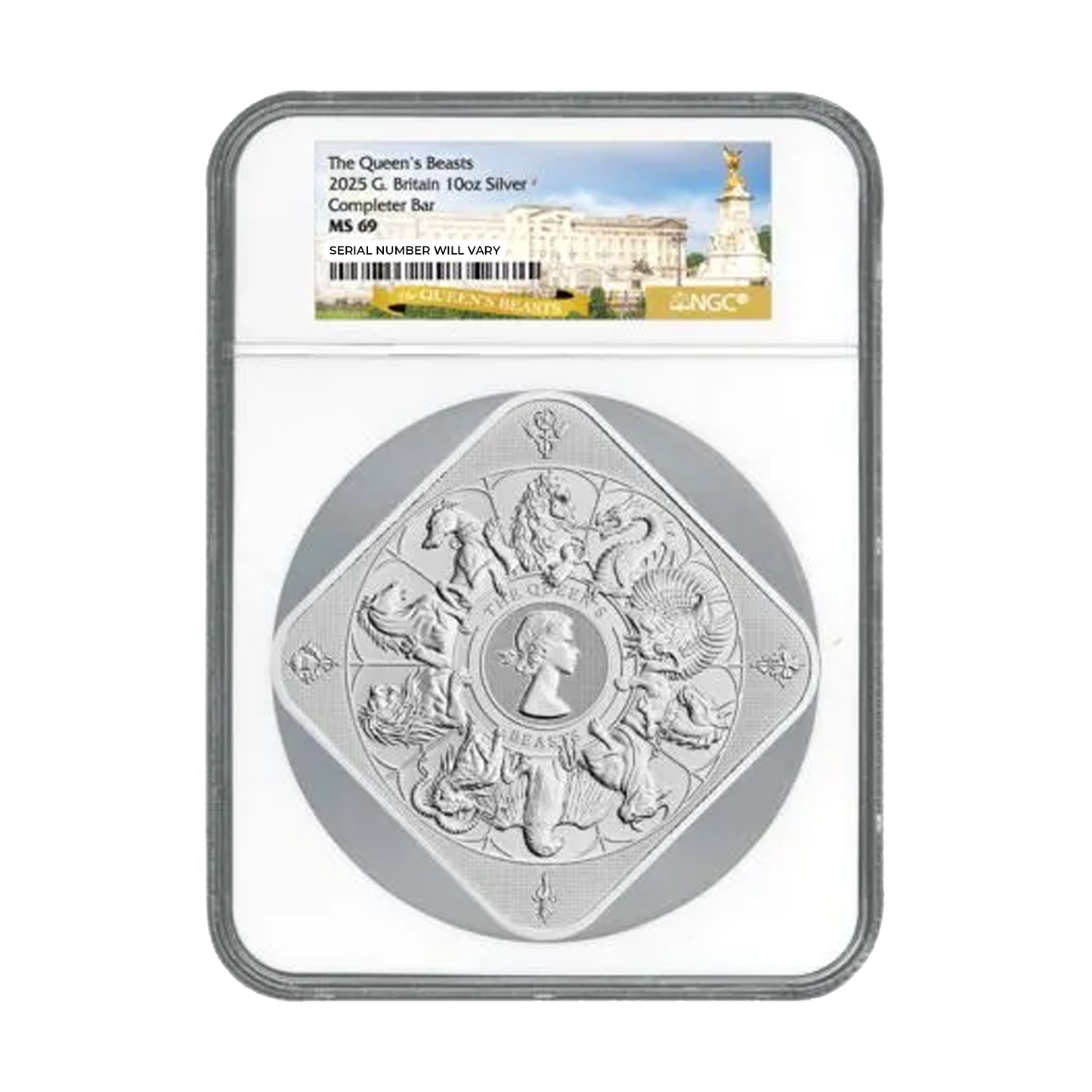 2025 Great Britain Silver Queen’s Beasts Completer Bar 10 oz Silver - NGC MS69 with Queen’s Beasts Label - CoinsTV