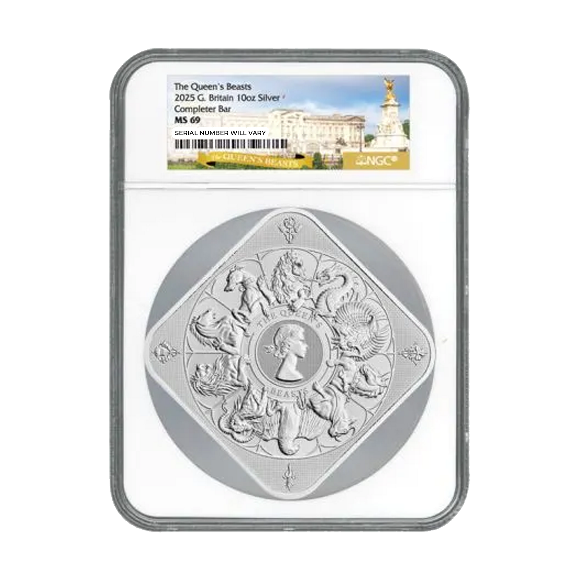 2025 Great Britain Silver Queen’s Beasts Completer Bar 10 oz Silver - NGC MS69 with Queen’s Beasts Label - CoinsTV