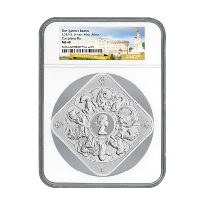 2025 Great Britain Silver Queen’s Beasts Completer Bar 10 oz Silver - NGC MS69 with Queen’s Beasts Label - CoinsTV