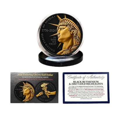 2026 Enduring Liberty Half Dollar BU - America 250 - Black Ruthenium with 24K Gold Plated Highlights w/COA