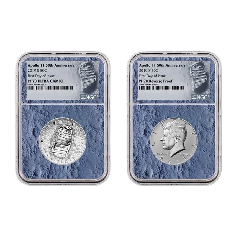 2019-S Apollo 11 50th Anv Half Dollar Proof NGC PF70 FDOI w/ Moon Display Core & Mission Patch - CoinsTV