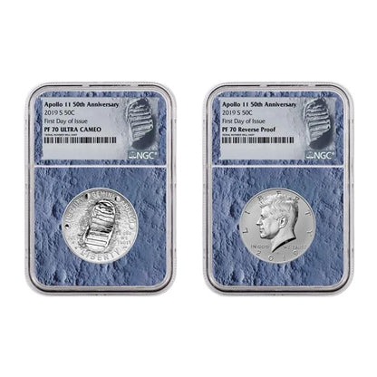 2019-S Apollo 11 50th Anv Half Dollar Proof NGC PF70 FDOI w/ Moon Display Core & Mission Patch - CoinsTV