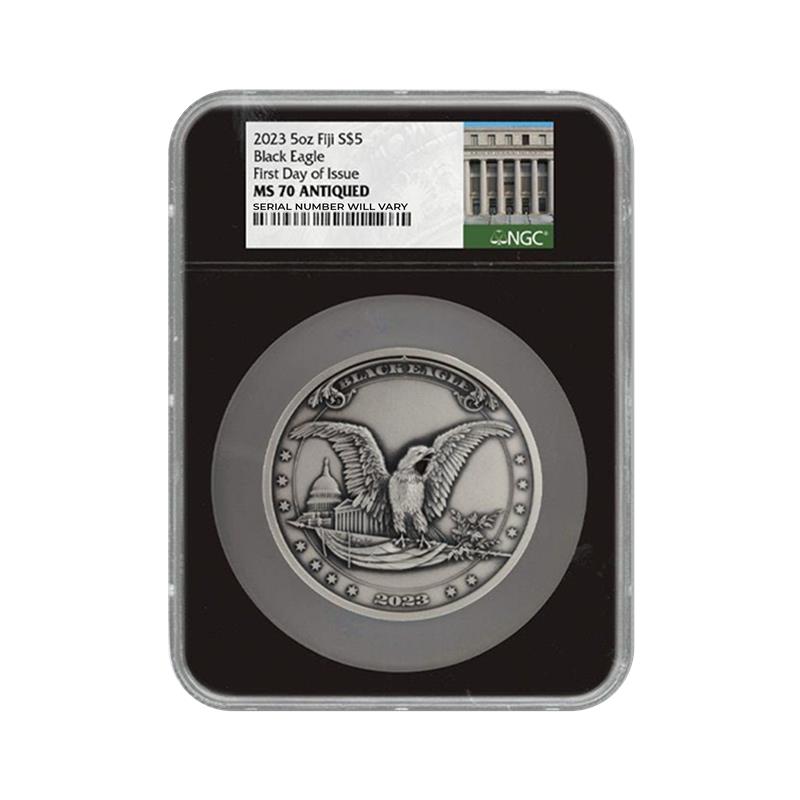 2023 Fiji $5 Black Eagle 5 oz Silver - Antiqued FDOI - NGC MS70 Black Core - CoinsTV
