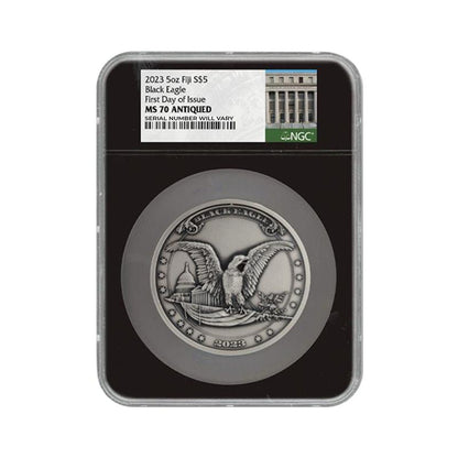2023 Fiji $5 Black Eagle 5 oz Silver - Antiqued FDOI - NGC MS70 Black Core - CoinsTV