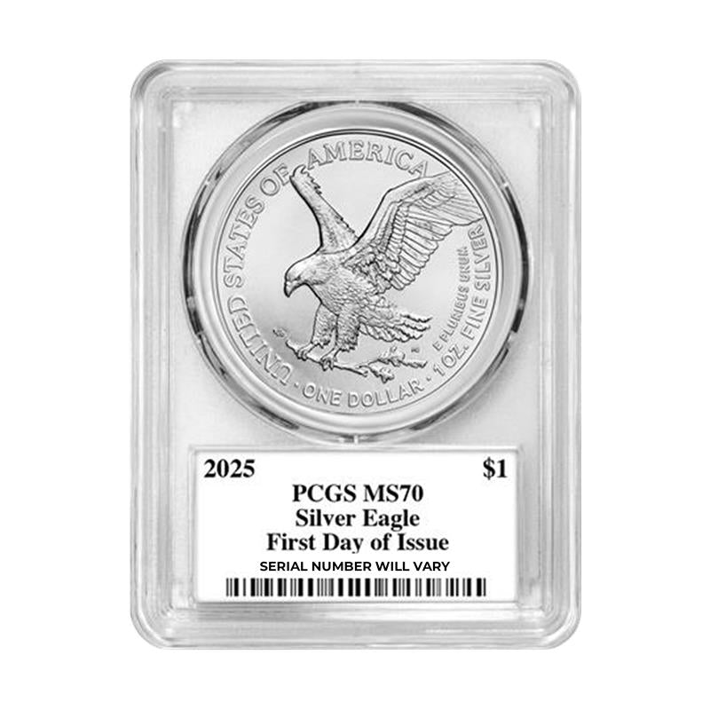 2025 Silver Eagle – Emily Damstra Signature Label – PCGS MS70 FDI - CoinsTV