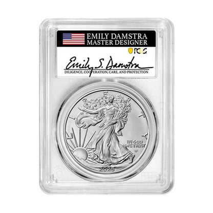 2025 Silver Eagle – Emily Damstra Signature Label – PCGS MS70 FDI - CoinsTV