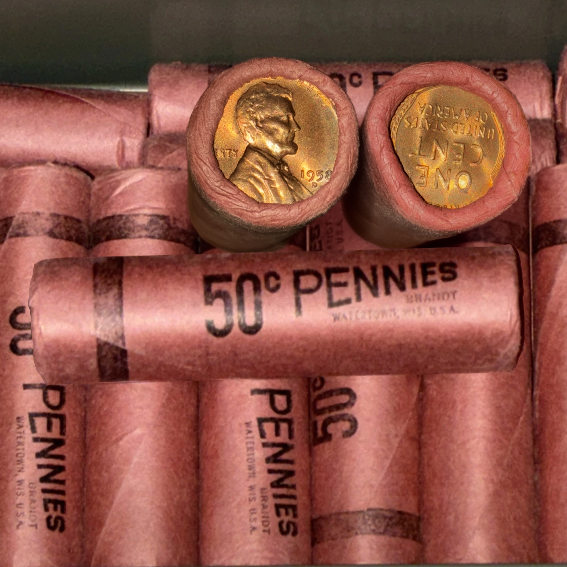1958-D Lincoln Wheat Cent Banked Sealed BU Roll of 50 - CoinsTV
