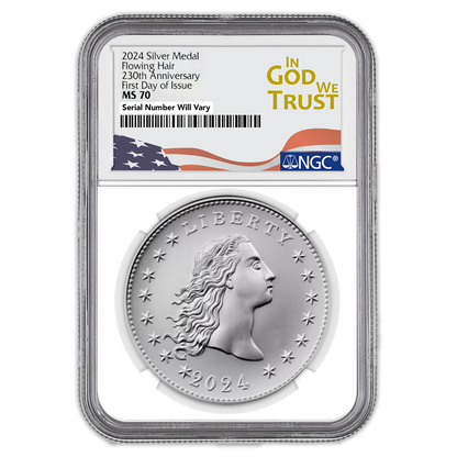 2024 230th Anniversary Flowing Hair Silver Medal - First Day of Issue & IGWT Label - NGC MS70 - CoinsTV