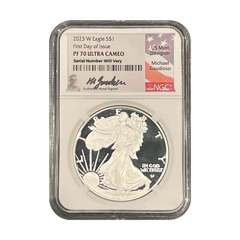 2023 W Silver Eagle - Michael Gaudioso Label First Day of Issue - NGC PF70 UCAM - CoinsTV