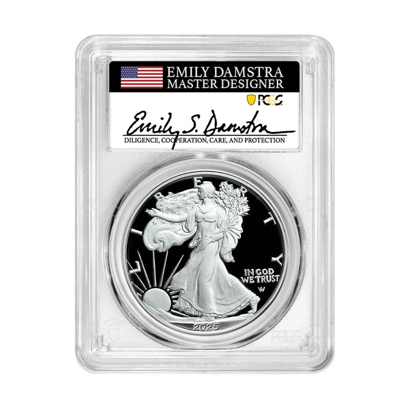 2025-W Silver Eagle – Emily Damstra Signature Label – PCGS PR70 DCAM AR - CoinsTV