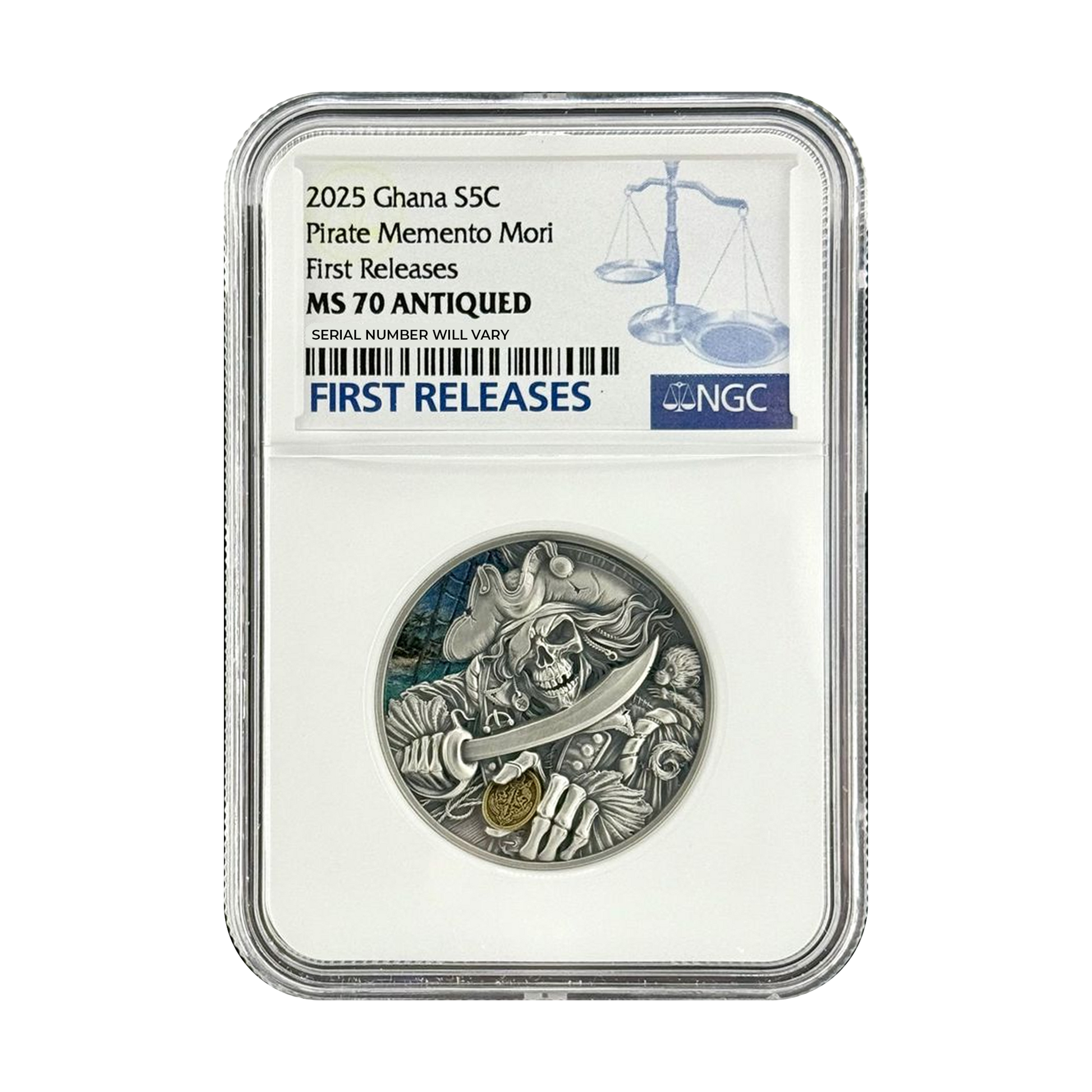 2025 Ghana Memento Mori Pirate 1 oz Silver Coin - Antiqued First Release - NGC MS70 - CoinsTV