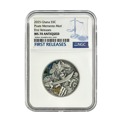 2025 Ghana Memento Mori Pirate 1 oz Silver Coin - Antiqued First Release - NGC MS70 - CoinsTV