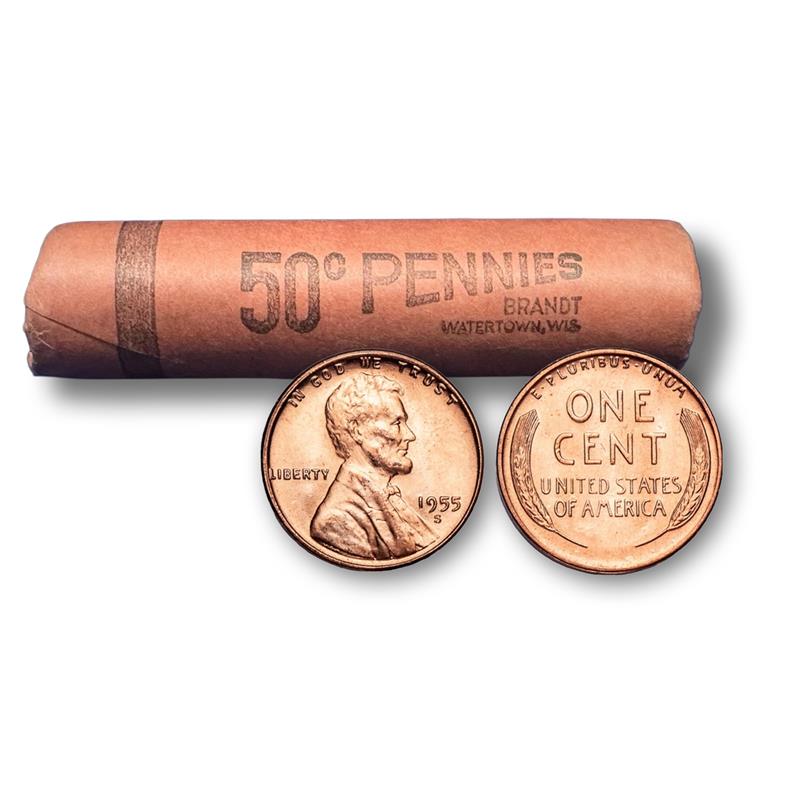 1955-S Lincoln Wheat Cent Banked Sealed BU Roll of 50 - CoinsTV