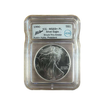 1990 Silver Eagle - Austin Hutto Signature - Struck Through Grease Error - ICG MS69+ PL