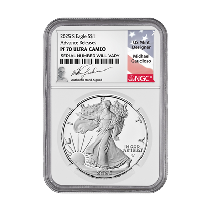 2025-S Silver Eagle - Advance Releases Gaudioso Signature - NGC PF70 UCAM