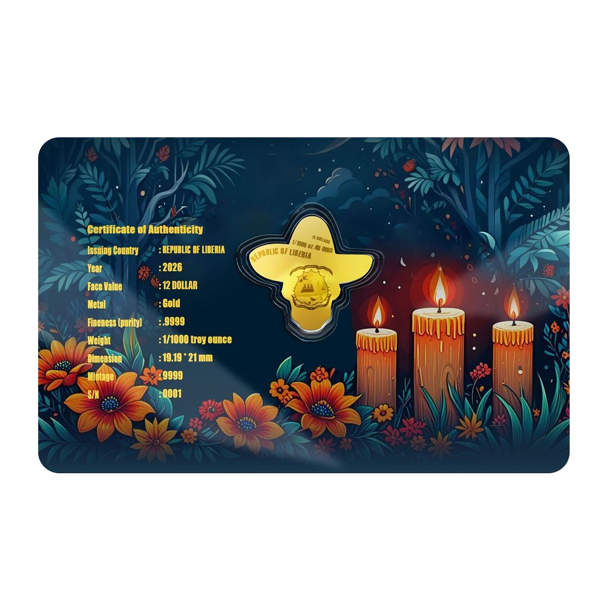 2026 Liberia Dia De Los Muertos Shaped 1/1000 oz Gold Coin in Card - CoinsTV