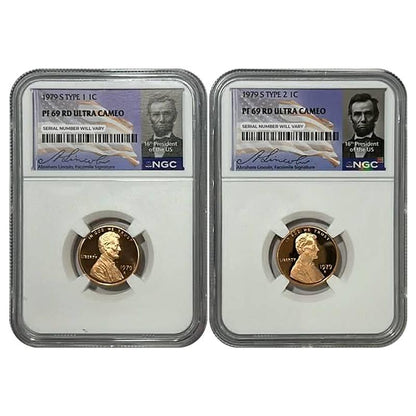 1979-S Lincoln Cent Type 1 & Type 2 Set - Abraham Lincoln Label - NGC PF69 RD UCAM - CoinsTV