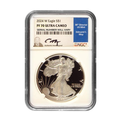 2024-W Silver Eagle - Ed Moy Signature - NGC PF70UCAM Blue Label - CoinsTV