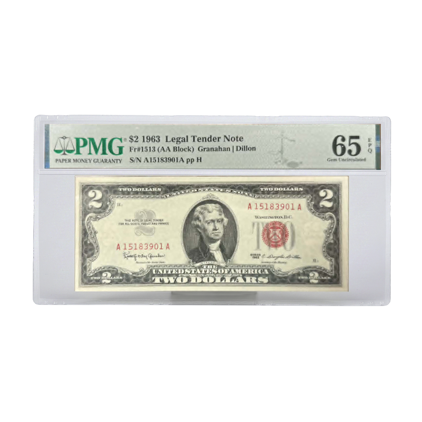 1963 $2 Legal Tender Note Granahan Dillon - PMG 65 Gem Uncirculated - CoinsTV