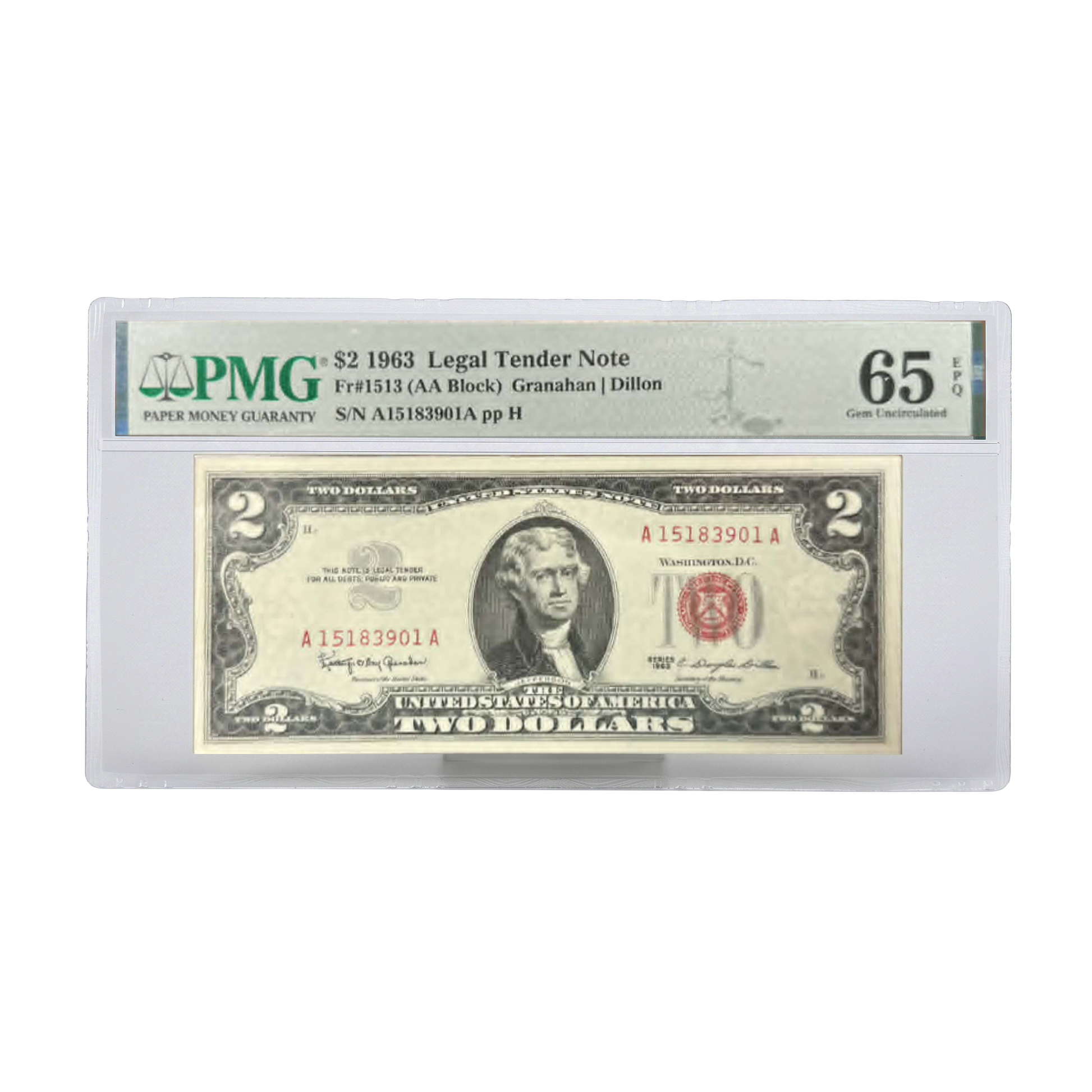 1963 $2 Legal Tender Note Granahan Dillon - PMG 65 Gem Uncirculated - CoinsTV