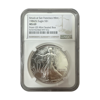 1986(S) Silver Eagle Struck at the San Francisco Mint - NGC MS69 US Mint Sealed Box - CoinsTV