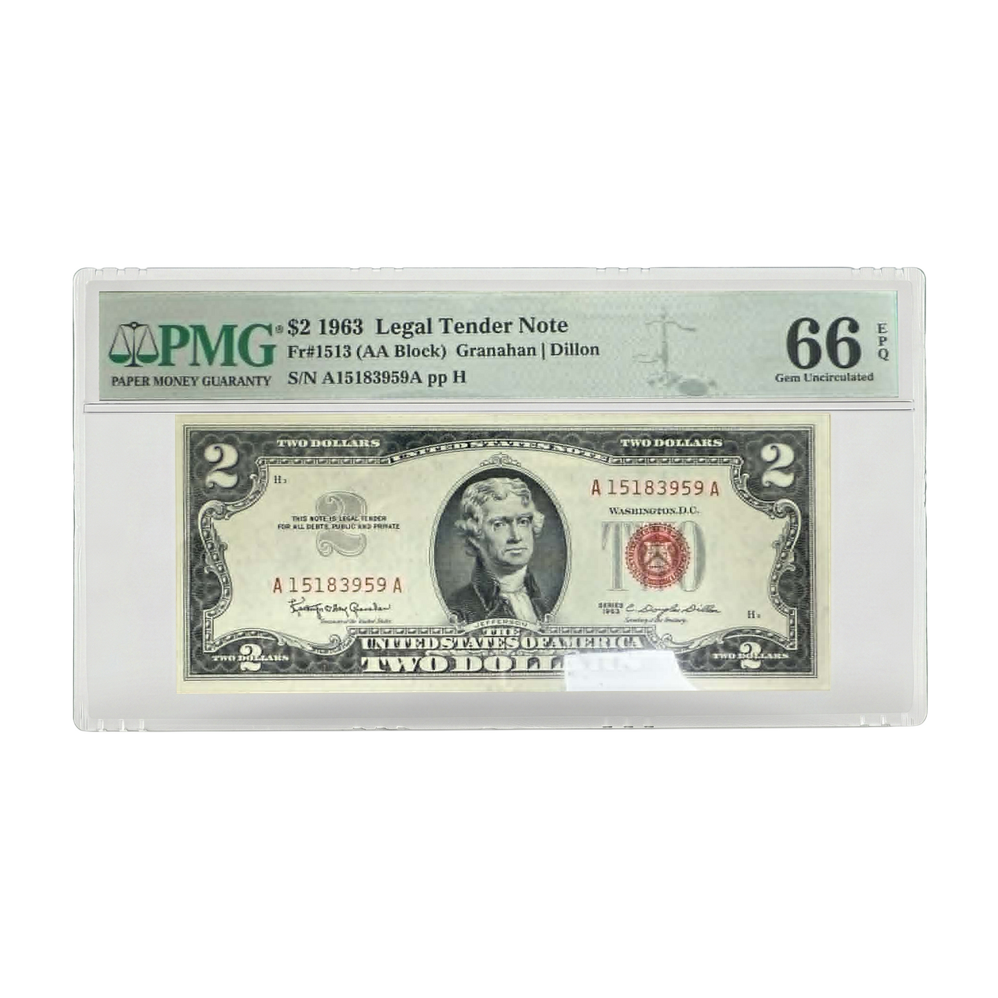 1963 $2 Legal Tender Note Granahan Dillon - PMG 66 Gem Uncirculated - CoinsTV