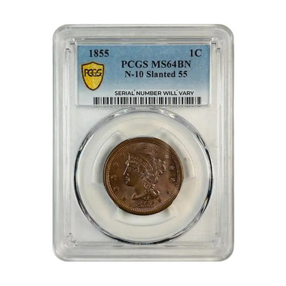 1855 Braided Hair Cent N-10 Slanted 55 - PCGS MS64 BN - CoinsTV