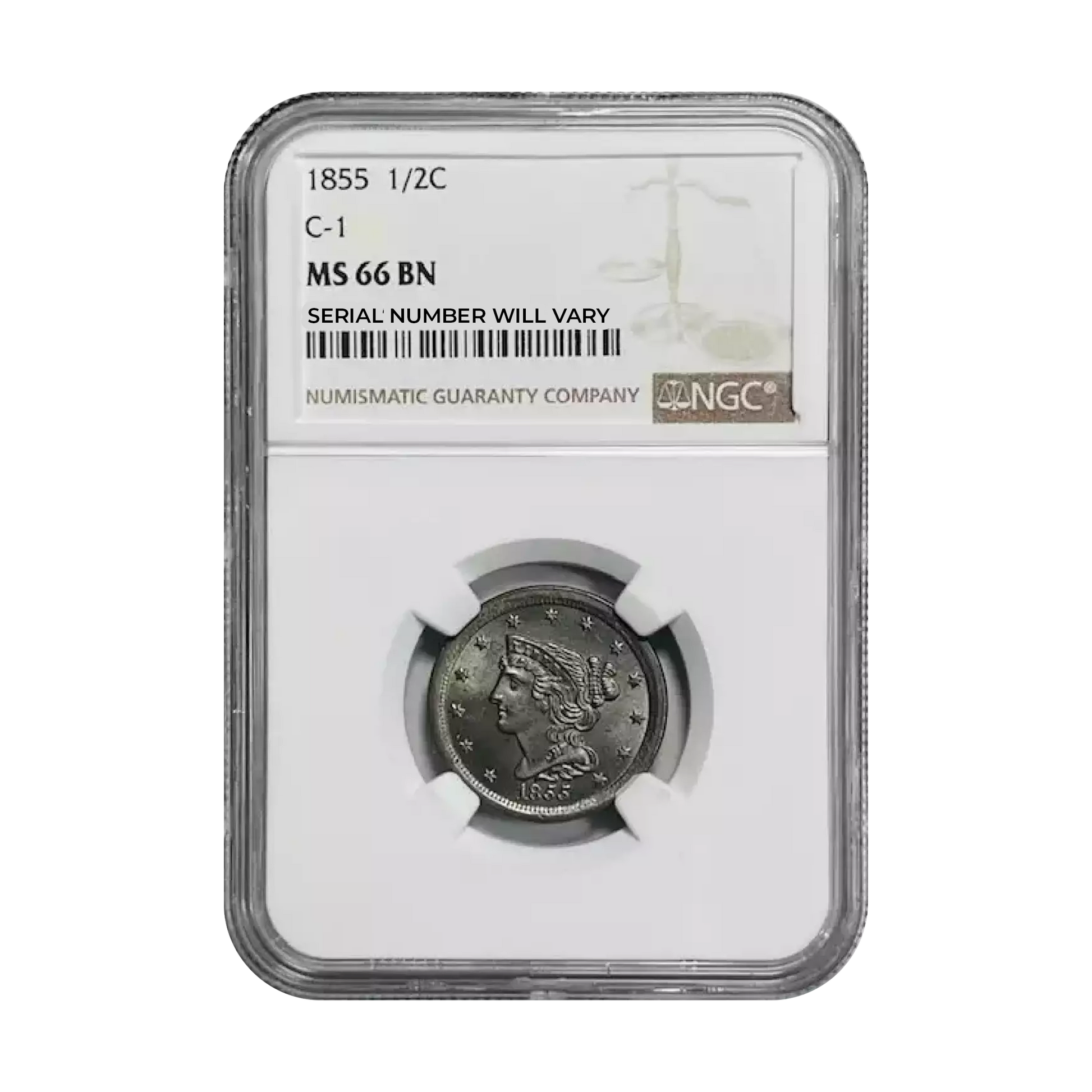 1855 Braided Hair Half Cent – C1 NGC MS66 BN - CoinsTV