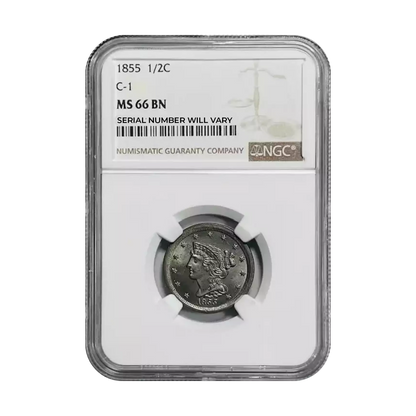1855 Braided Hair Half Cent – C1 NGC MS66 BN - CoinsTV