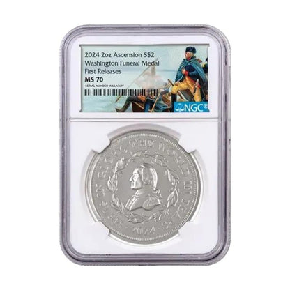 2024 George Washington Ascension Islands Funeral Medal 2 oz Silver - NGC MS70 First Releases