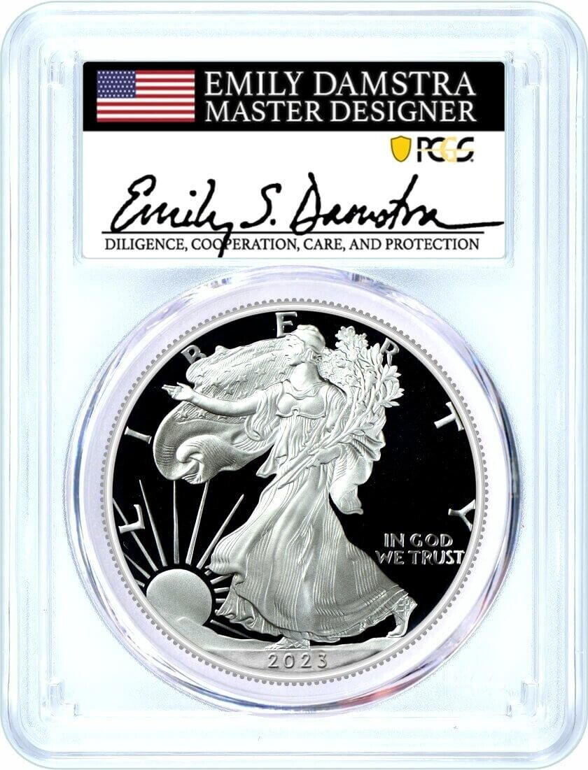 2023-W Silver Eagle - Emily Damstra Signature Label First Day of Issue - PCGS PR70 DCAM - CoinsTV