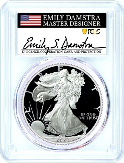 2023-W Silver Eagle - Emily Damstra Signature Label First Day of Issue - PCGS PR70 DCAM - CoinsTV