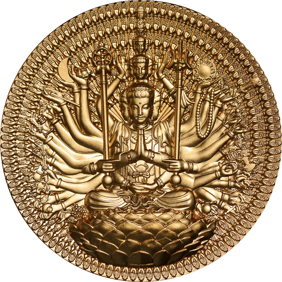 2025 Gabon Thousand-Arm Thousand-Eye Guan Yin Bodhisattva Gold Gilt 2 oz Silver - CoinsTV