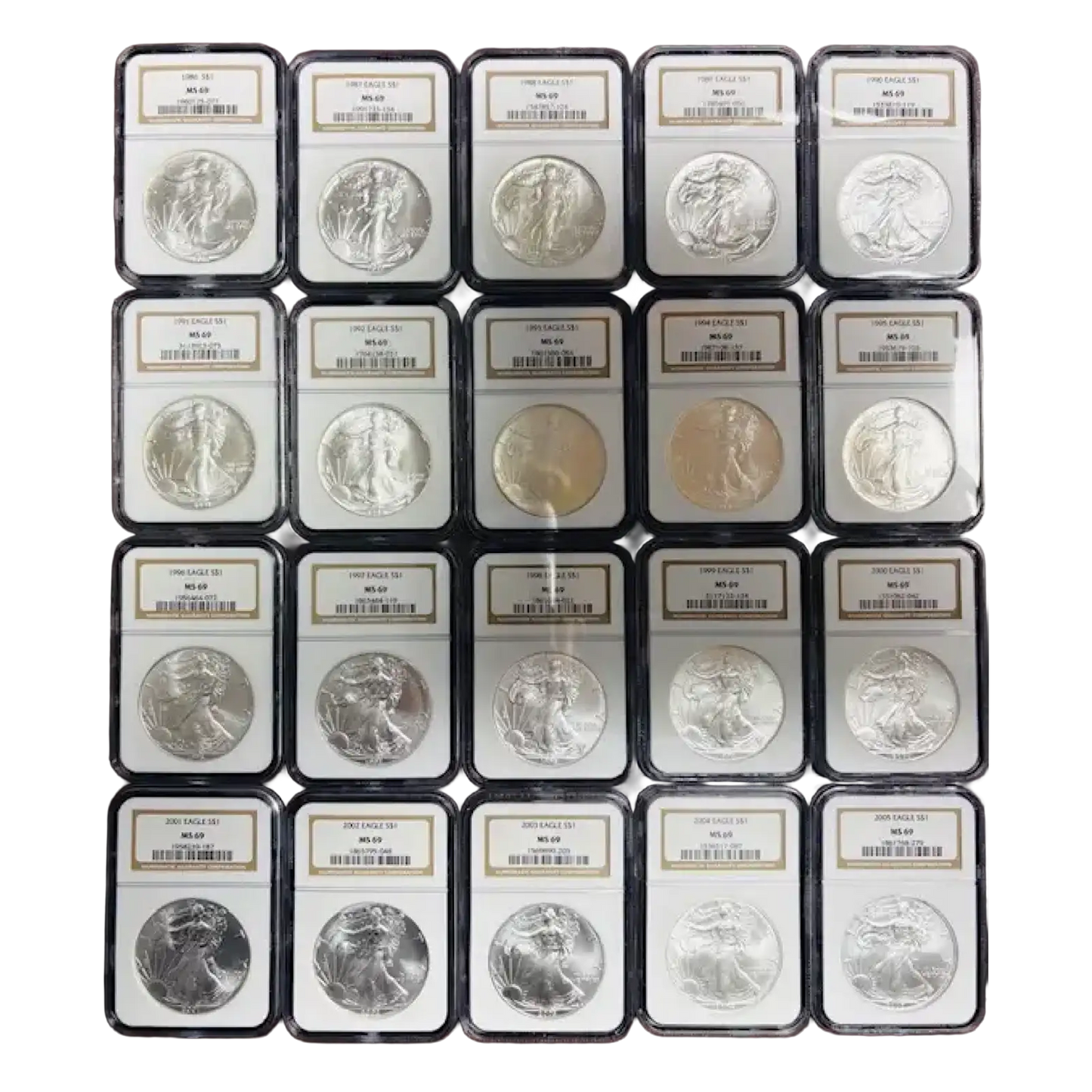 1986-2005 Silver Eagles NGC MS69 20 Coin Set